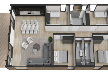 3D-Grundriss der Forest Cube Lodge im Holiday Park BreeBronne mit moderner Einrichtung und vier Schlafzimmern.