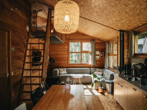 Hyggelig safaritelthytteinteriør ved Youpi! Lodge, Beerze Bulten, Nederlandene, med træmøbler og loft.