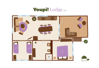 Plano del Youpi! Lodge, tienda safari en Beerze Bulten, Países Bajos, mostrando habitaciones y terraza.