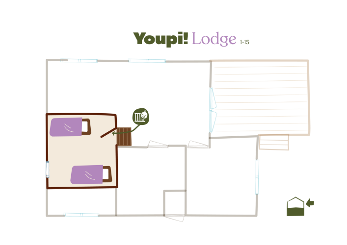 Floor plan of the Youpi! Lodge safari tent at Beerze Bulten in the Netherlands, showing beds and terrace.