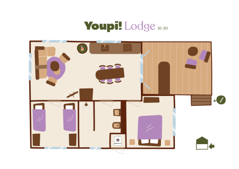 Plantegning af Youpi! Lodge safaritelt med to soveværelser, opholdsstue, køkken og terrasse.