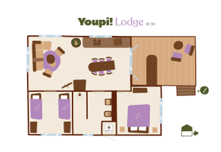 Plantegning af Youpi! Lodge safaritelt med to soveværelser, opholdsstue, køkken og terrasse.