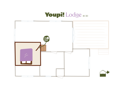 Plantegning af Youpi! Lodge safari telt på Beerze Bulten, Holland, viser værelser, soveområde og layout.
