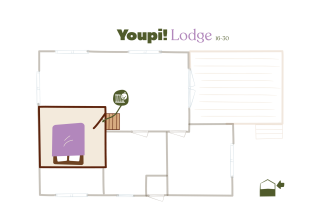 Plantegning af Youpi! Lodge safari telt på Beerze Bulten, Holland, viser værelser, soveområde og layout.