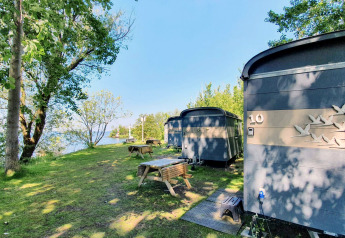 Piccole case vicino al lago a Marina Parcs Almere, Paesi Bassi, tra alberi e tavoli da picnic.