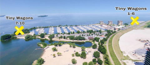 Vista aerea di Marina Parcs Almere, Paesi Bassi, con le posizioni Tiny Wagon 1-6 e 7-10 evidenziate.