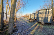 Petites maisons appelées Tiny Wagon au Marina Parcs Almere, Pays-Bas, entourées d’arbres et de gel.