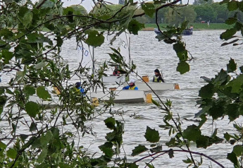 Udsigt gennem grene til små sejlbåde på søen ved Marina Parcs Almere, set fra Tiny Wagon.