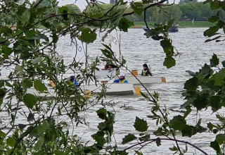 Vista attraverso i rami di piccole barche a vela sul lago presso Marina Parcs Almere dal Tiny Wagon.