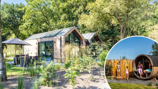 Moderne Lodge Royal Eco Sauna tiny house met buitensauna bij Résidence Lage Vuursche in Nederland.