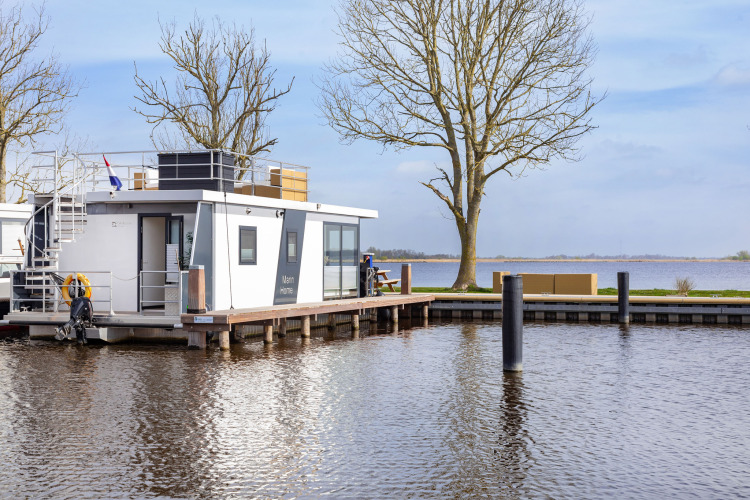Modern houseboat on a peaceful lake in Friesland, Netherlands, with trees and outdoor seating nearby.