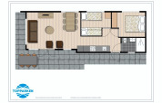 Plan d'une lodge avec deux chambres, salon, cuisine et terrasse au Recreatiepark het Esmeer, aux Pays-Bas.