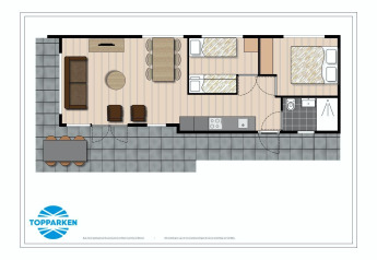 Plan d'une lodge avec deux chambres, salon, cuisine et terrasse au Recreatiepark het Esmeer, aux Pays-Bas.