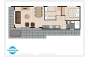 Grondplan van een lodge met twee slaapkamers, woonkamer, keuken en terras in Recreatiepark het Esmeer, Nederland.