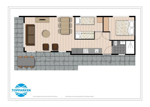 Plano de una cabaña con dos dormitorios, sala, cocina y terraza en Recreatiepark het Esmeer, Países Bajos.