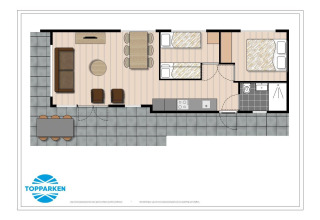 Grondplan van een lodge met twee slaapkamers, woonkamer, keuken en terras in Recreatiepark het Esmeer, Nederland.