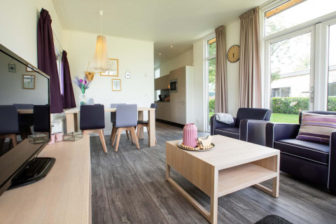 Moderne leefruimte in de lodge Module Wellness (Spa) op Recreatiepark het Esmeer, met grote ramen en gezellige stijl.