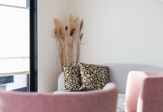 Rincón luminoso de salón en una casa flotante con sofá gris, cojines geométricos y sillas rosas.