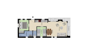 Grondplan van Natuurlodge Wellness met slaapkamers, badkamer, keuken, eetruimte en zithoek.