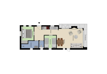 Planimetria di Natuurlodge Wellness con camere da letto, bagno, cucina, sala da pranzo e soggiorno.