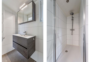 Bagno moderno con doccia nella Natuurlodge Wellness al Recreatiepark het Esmeer, Paesi Bassi.