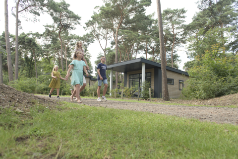 Familie spaziert vor Forest park chalet im Holiday park De Kleine Belties, umgeben von Wäldern in den Niederlanden.