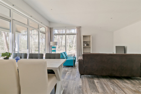 Bright, modern living area inside Forest park chalet at Holiday park De Kleine Belties, Netherlands.