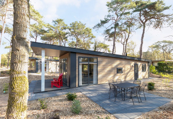 Forest park chalet at Holiday park De Kleine Belties in the Netherlands, featuring a modern outdoor patio.
