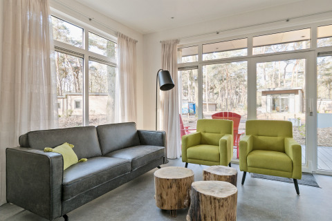 Moderne woonkamer met hoge ramen, grijze zetel, twee groene stoelen en boomstronk-tafeltjes in Forest park chalet.