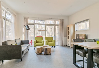 Moderne stue i Forest park chalet, Holiday park De Kleine Belties, med store vinduer og naturligt lys.