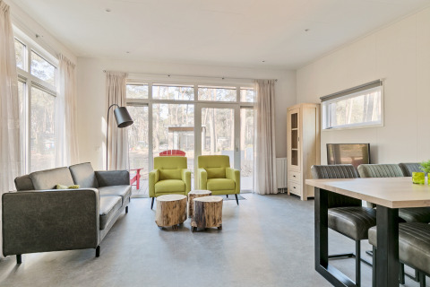 Moderne stue i Forest park chalet, Holiday park De Kleine Belties, med store vinduer og naturligt lys.