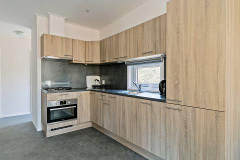 Modern kitchen interior with wood finish, oven, gas stove, and window at Forest park chalet, De Kleine Belties.