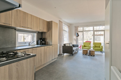 Modern kitchen and living area with large windows in Forest park chalet, Holiday park De Kleine Belties, Netherlands.