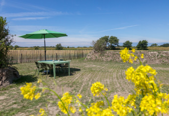 Buitentafel met groene parasol in de tuin bij Wikkelhouse op Welcome In - Zeeland, Nederland.