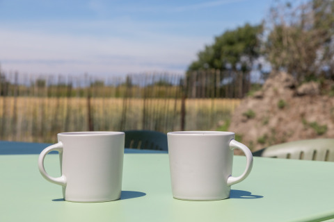 Twee witte koffiekopjes op een buitentafel bij Wikkelhouse in Zeeland, Nederland, met natuur op de achtergrond.