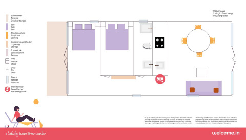 Plattegrond van een Wikkelhouse bij Welcome In - Zeeland met bedden, keuken, eethoek en terras buiten.