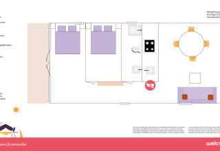 Plano de planta de la Wikkelhouse en Welcome In - Zeeland con dormitorios, cocina, comedor y terraza exterior.