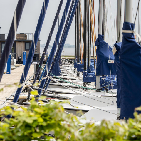 Veleros amarrados en el muelle de Houseboat 'Riggelbrug' en Welcome In - Friesland, Países Bajos.