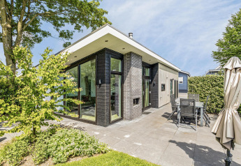Moderne Natuurlodge ved Recreatiepark het Esmeer i Holland med store vinduer og flisebelagt terrasse.