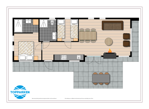 Plano de una cabaña con dos dormitorios, baño, cocina, sala de estar y terraza exterior.