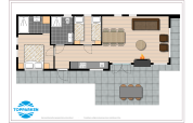 Grundriss einer Lodge mit zwei Schlafzimmern, Bad, Küche, Wohnbereich und Außenterrasse.