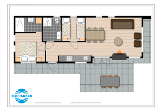 Plano de una cabaña con dos dormitorios, baño, cocina, sala de estar y terraza exterior.