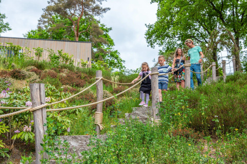 Gezin loopt de stenen trap af bij een groene heuvel bij Cosy Unique lodge in Maasduinen, Nederland.
