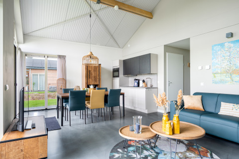 Modern lodge Anker at Tusken de Marren in the Netherlands featuring open kitchen, dining, and living area.
