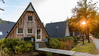 Tiny house Wellness Lodge à Hof van Salland aux Pays-Bas, entourée de verdure au coucher du soleil.