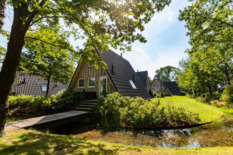 Casa pequeña Wellness Lodge en Hof van Salland, Países Bajos, rodeada de vegetación y un estanque.