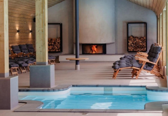 Zona benessere interna con piscina, lettini e camino presso Wellness Lodge, Hof van Salland, Paesi Bassi.