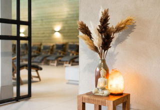 Decoración de wellness lodge con estatua de Buda, lámpara de sal y plantas secas sobre mesa pequeña.