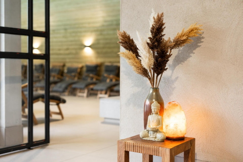 Decorazione wellness lodge con statua di Buddha, lampada di sale e piante secche su tavolino di legno.