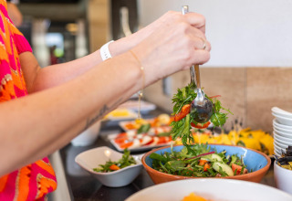 Una persona se sirve ensalada fresca de un buffet en Wellness Lodge, Hof van Salland, Países Bajos.